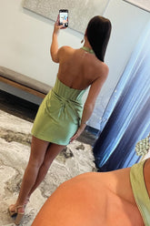 Green Halter Neck Bodycon Ruched Open Back Satin Homecoming Dress